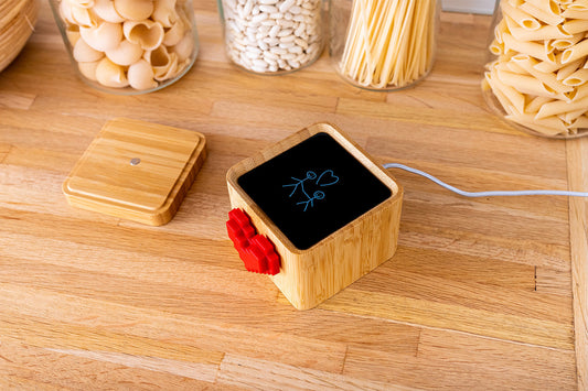 Valentines day present sitting on a wooden countertop