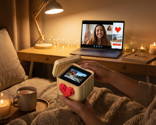 Partner opening a heart-adorned message box during a video call, warm romantic scene