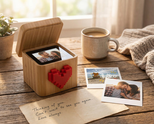 connected gift box with photos and handwritten note for a couple apart