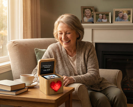 Grandparent receiving a connected message box on a side table with family photos