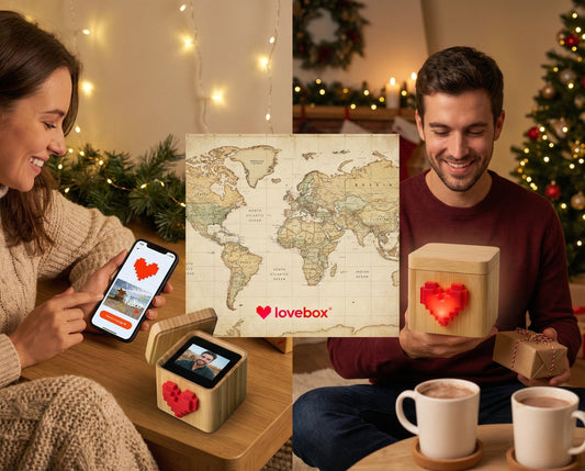 long distance couple exchanging gifts and messages over the holidays, warm festive setting