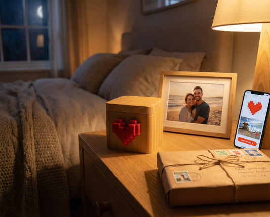 Lovebox on bedside table with photo frame and care package