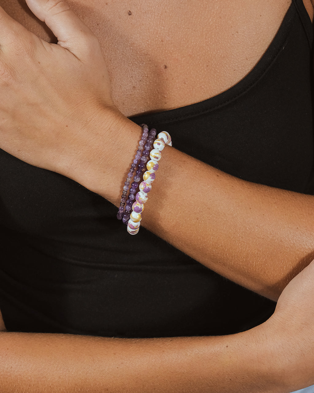 Amethyst & White Floral Stretch Bracelet Set of 3