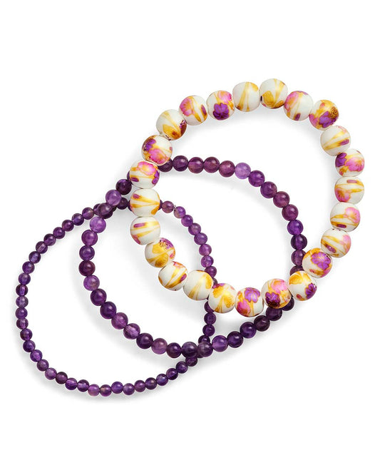 Amethyst & White Floral Stretch Bracelet Set of 3